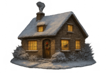 Cozy winter cottage glowing with warm lights and festive christmas wreath, covered in snow on transparent background