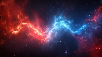 Cosmic nebulae collision; swirling red and blue energy in space; scientific backdrop; use in science fiction posters, astronomy presentations