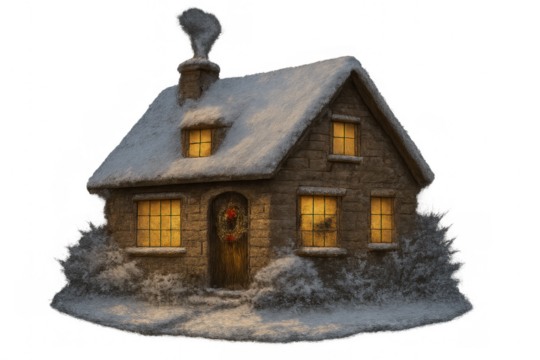 Cozy winter cottage glowing with warm lights and festive christmas wreath, covered in snow on transparent background
