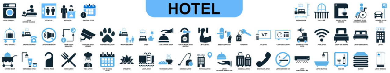 Set hotel icon vector. Ideal for hospitality, accommodation, and travel amenity themes. This graphic collection represents various guest services and lodging features for a seamless interface design.