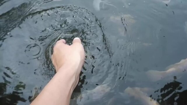 Gentle touch feeds school of tilapia in pond, creating ripples and a sense of tranquility, perfect for nature or aquaculture content