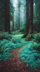 Mystical Redwood Forest with Fog and Lush Green Ferns, Tranquil Nature Scene with Towering Trees and a Carpet of Greenery, Serene Woodland Landscape