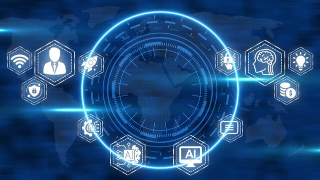 Futuristic digital interface showcasing artificial intelligence and global technology systems - Powered by Adobe