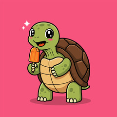 Adorable cartoon tortoise mascot happily eating a frozen orange popsicle against a bright pink background.
