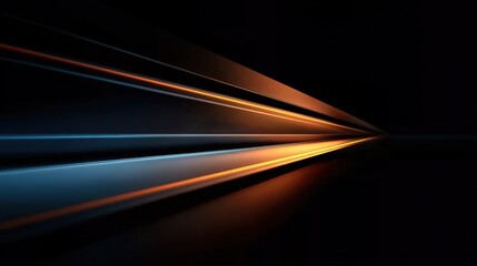 Minimalist dark abstract background: light shining from the right on a black base, orange and blue straight lines forming sharp edges, no extra elements, contrast between warm and cool tones