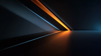 Minimalist dark abstract background: light shining from the right on a black base, orange and blue straight lines forming sharp edges, no extra elements, contrast between warm and cool tones