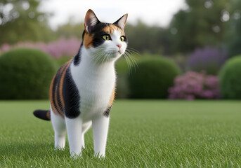 Calico cat with green eyes stands on green grass in a garden looking to the side feline animal