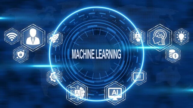 Animated machine learning technology concept with ai icons and digital futuristic background