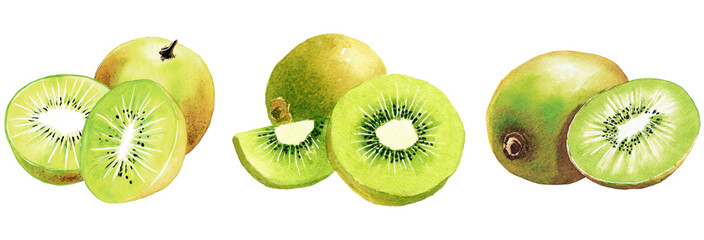 Fototapeta premium Kiwi Fruit Trio: Close-up of sliced and whole kiwi fruits, inviting viewers to savor the refreshing taste and vibrant green color, showcasing the fruit's unique texture and natural beauty.