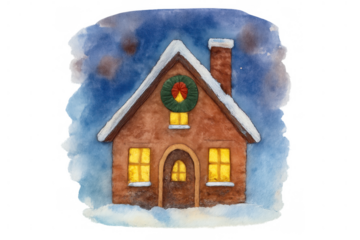 Cozy christmas house watercolor illustration on transparent background, snowy roof and glowing windows, welcoming winter holiday home