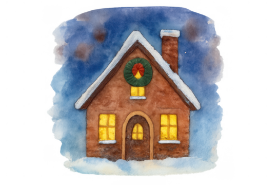 Cozy christmas house watercolor illustration on transparent background, snowy roof and glowing windows, welcoming winter holiday home