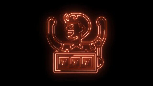 Glowing orange neon light animation of lucky casino winner jackpot on dark backdrop