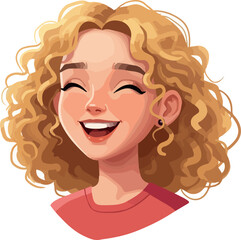 Happy Woman Curly Blonde Hair Laughing Joyful Cartoon Style Isolated