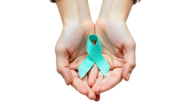 Hands gently holding a teal ribbon, a symbol of hope and support for cervical cancer awareness and women's health