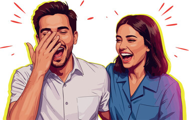 Joyful Couple Laughing Together Vibrant Yellow Outline Isolated