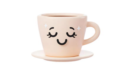 3D rendering of an adorable smiling pink coffee mug with a happy face resting on a matching saucer on transparent background