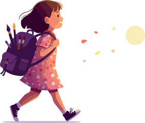 Joyful Girl With Art Backpack Walking Toward Bright Sun Pastel Colors