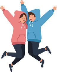 Joyful Friends Jumping in Pink and Blue Hoodies Flat Design Isolated