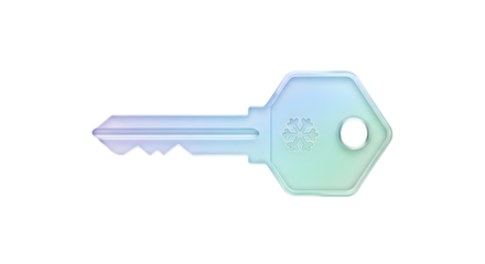 A clear glass 3D rendered stylized key with an embossed snowflake and a soft holographic gradient on transparent background, perfect for security, Cold and winter concepts