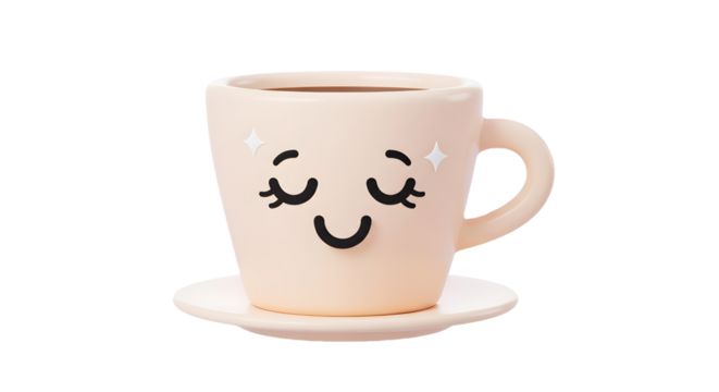 3D rendering of an adorable smiling pink coffee mug with a happy face resting on a matching saucer on transparent background