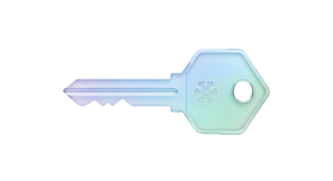 A clear glass 3D rendered stylized key with an embossed snowflake and a soft holographic gradient on transparent background, perfect for security, Cold and winter concepts