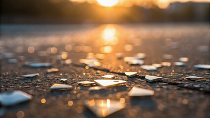 Scattered shards of glass glisten in the sunlight, creating a sparkling effect against a blurred background of nature at dusk.