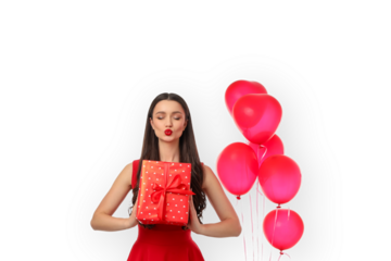 Woman in a red dress holds a gift with balloons, isolated, PNG