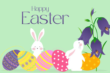 A cheerful Easter greeting card with a light green background, featuring colorful patterned eggs and cute white bunnies. The text 