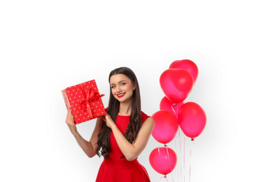 Smiling woman in a red dress with a gift, isolated, PNG