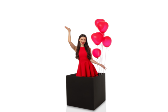 Woman in red dress holds red balloons in box, isolated, PNG
