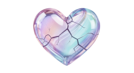 Iridescent cracked heart made of delicate shattered glass with a holographic pastel color effect, on transparent background symbolizing sadness or broken love