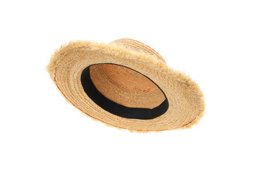 Straw hat featuring a wide brim and black inner band, isolated, PNG