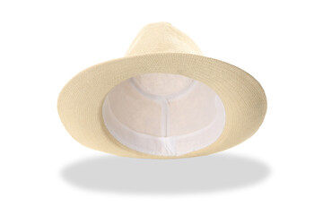 Inside-out wide-brim straw hat with white lining, isolated, PNG