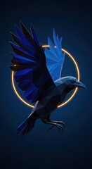 Obraz premium Low poly digital illustration depicts a dark, winged bird in flight against a deep blue background with a glowing ring