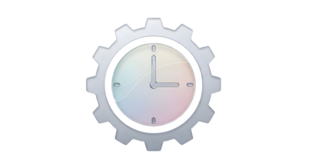 Metallic gear clock icon on transparent background, perfect for time management concept, gradient background, mechanical settings symbol, modern technology and productivity illustration design