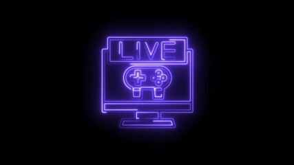 Neon style live streaming game illustration with gamepad on monitor screen isolated on black