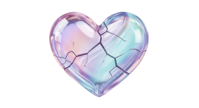Iridescent cracked heart made of delicate shattered glass with a holographic pastel color effect, on transparent background symbolizing sadness or broken love