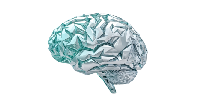 Low-poly abstract human brain rendered in a futuristic, metallic, crystalline style with a cool blue gradient, representing artificial intelligence, technology, and neuroscience concepts