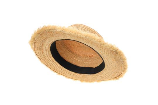 Straw hat featuring a wide brim and black inner band, isolated, PNG