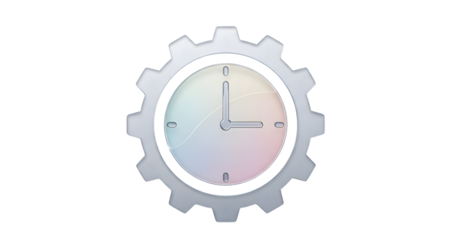 Metallic gear clock icon on transparent background, perfect for time management concept, gradient background, mechanical settings symbol, modern technology and productivity illustration design