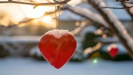 Winter Love: Red heart ornaments hang on snowy tree branches, sunlit, Valentine's Day background,  wedding, relationship, love, romantic, marriage, symbol, Christmas, season, holiday, decoration - Powered by Adobe