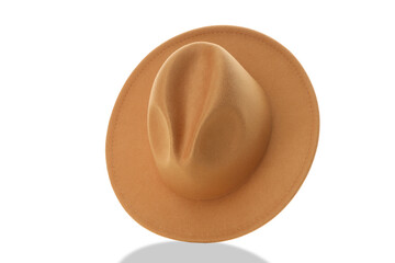 Brown felt cowboy hat with a wide brim and high crown, isolated, PNG