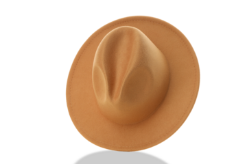 Brown felt cowboy hat with a wide brim and high crown, isolated, PNG