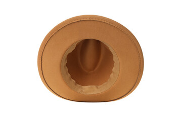 Brown felt hat with a round crown and wide brim, isolated, PNG