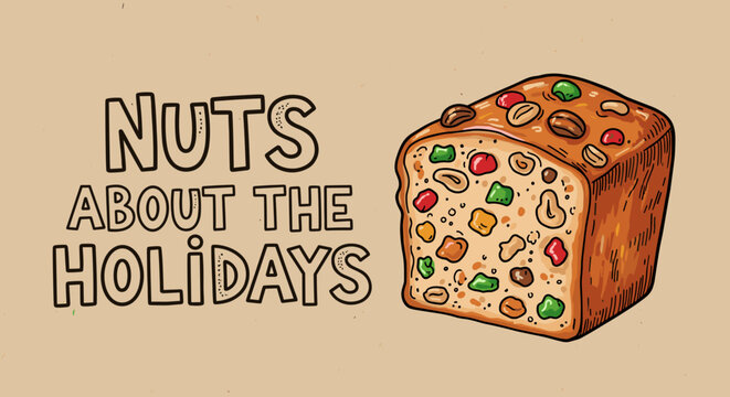 Hand-drawn illustration of a festive fruitcake with nuts and candied fruits, accompanied by the text 'NUTS ABOUT THE HOLIDAYS', perfect for winter season celebrations.