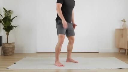 A male in athletic wear demonstrates a controlled squat motion on a mat. The indoor setting features a plant and a cabinet, showcasing a clean, unfussy environment.