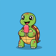 Happy cartoon turtle mascot holding a pink popsicle on a blue background.