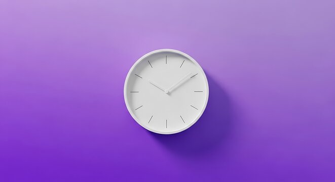Modern minimalist white clock on vibrant purple gradient background, representing time passing