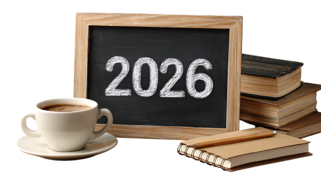 A blackboard displaying the year 2026 with books and a cup isolated on transparent background.