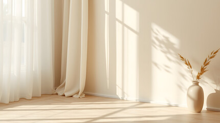 A serene and minimalist interior bathed in abundant natural light, showcasing a tranquil space with elegant curtains and subtle botanical accents, creating a peaceful home atmosphere